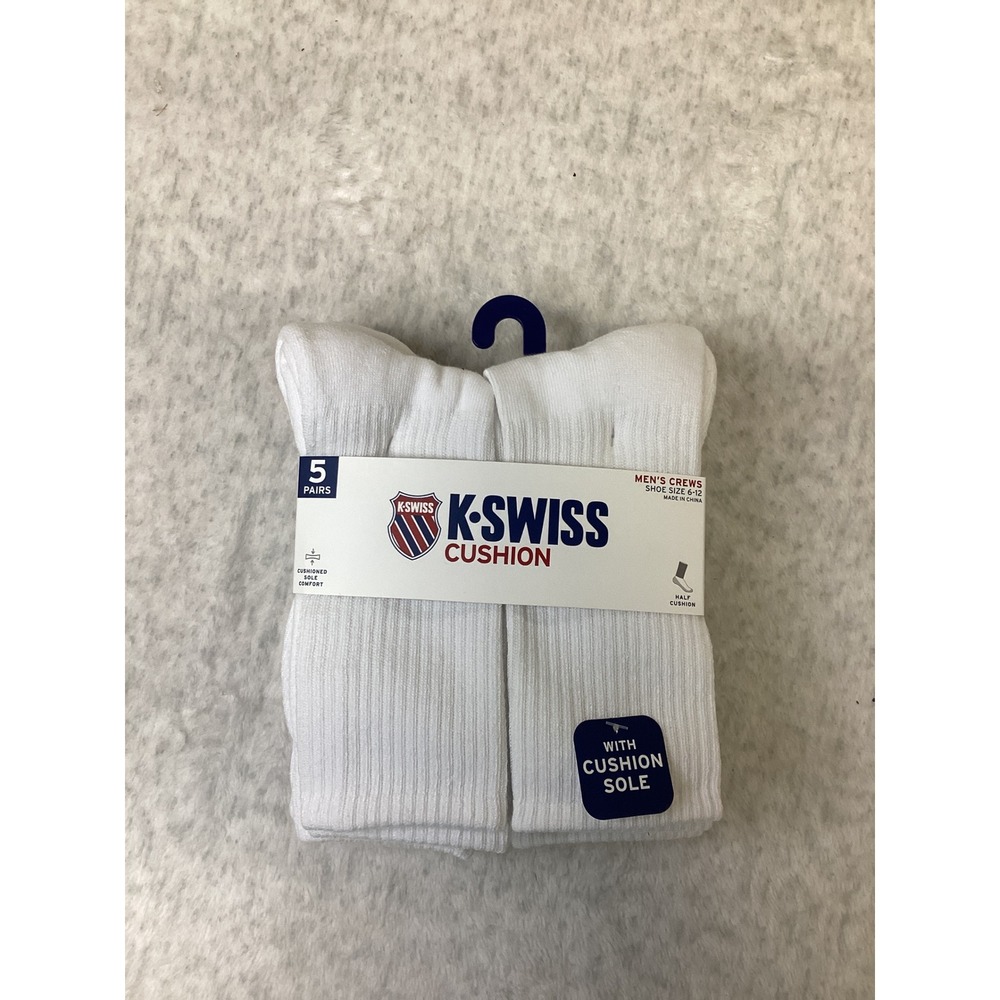 K-Swiss Mens Crew Socks 5 Pair Pack White Cushion Sole KSSKM0153 Size 6-12